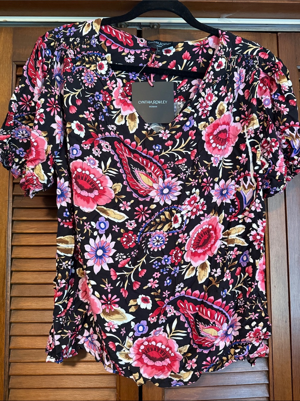 Cynthia Rowley Black Floral Puff Sleeve Blouse with Pink & Purple Flowers